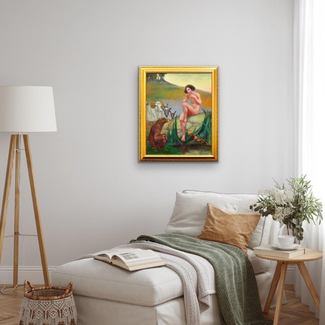 Margaret Maitland Howard, Pan, God of Nature, Playing Panpipes, 1930s, Oil Painting, Framed For Sale - Image 17 of 18