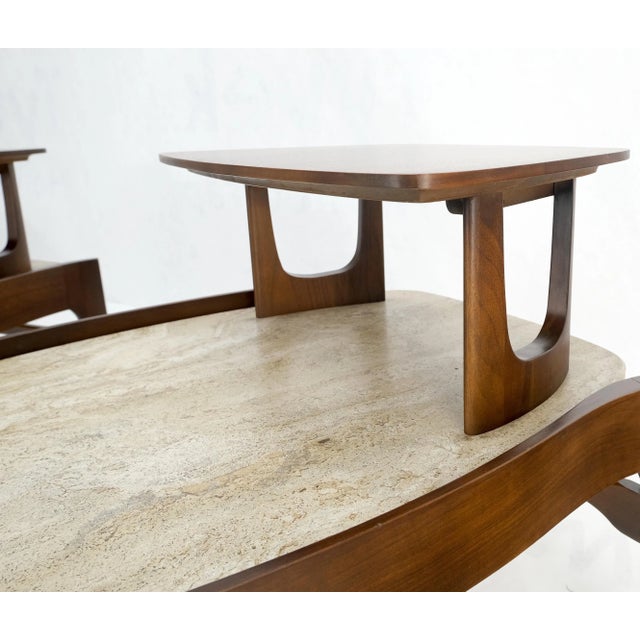 Pair sculptural 1970s walnut travertine tops step side end tables singer sons mint!