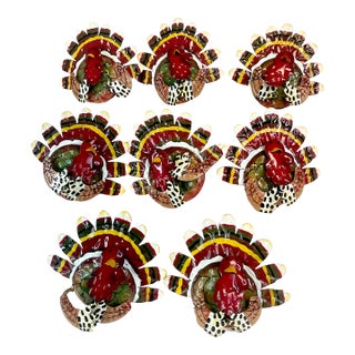 Vintage Boho Chic Americana Arts & Crafts Enameled Tole Turkey Napkin Ring - Set of 8, Thanksgiving For Sale