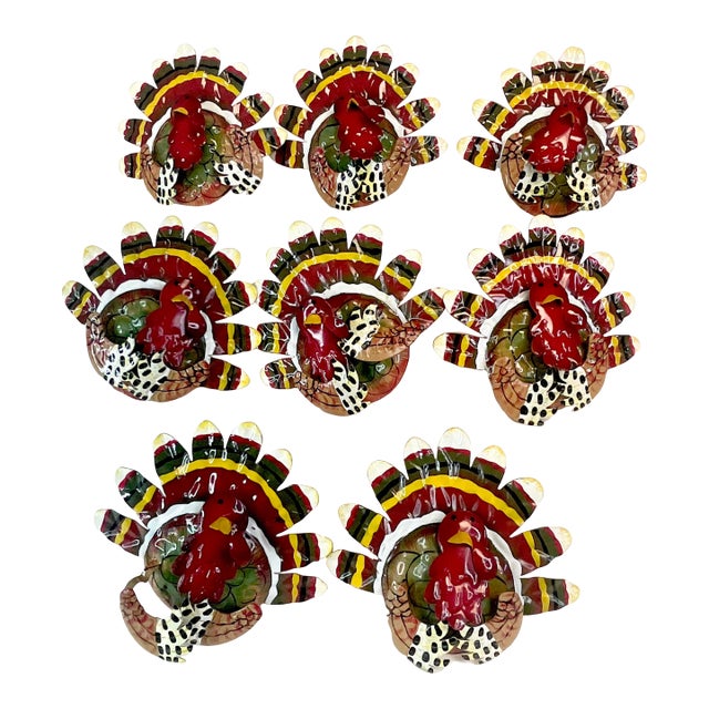 Vintage Boho Chic Americana Arts & Crafts Enameled Tole Turkey Napkin Ring - Set of 8, Thanksgiving For Sale