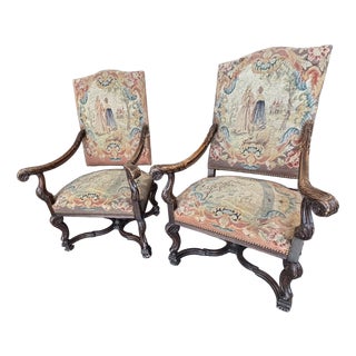 Antique Walnut Armchairs Upholstered with Aubusson, France, 1700, Set of 2 For Sale