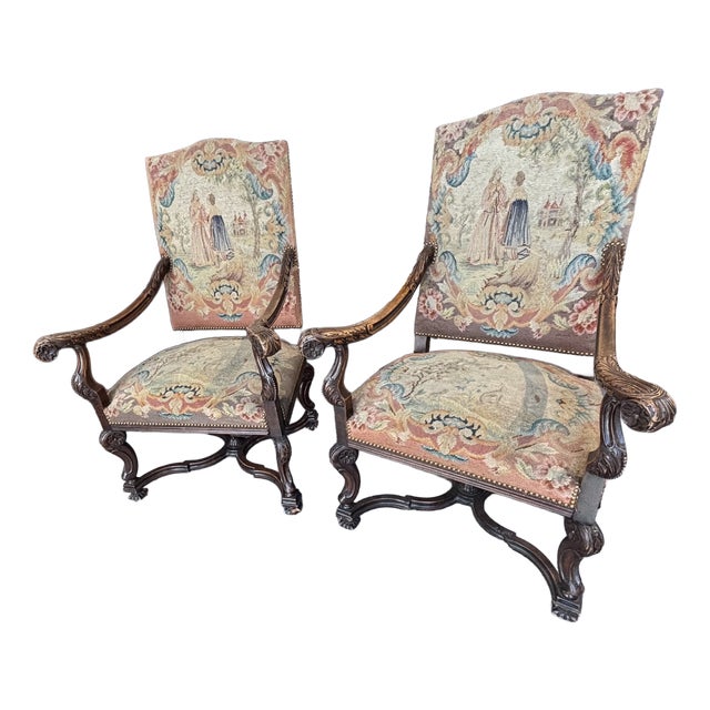 Antique Walnut Armchairs Upholstered with Aubusson, France, 1700, Set of 2 For Sale