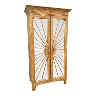 Vintage Boho Chic Penciled Mirrored Starburst Armoire For Sale