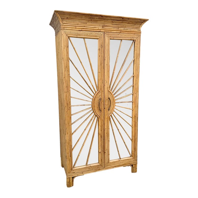 Vintage Boho Chic Penciled Mirrored Starburst Armoire For Sale