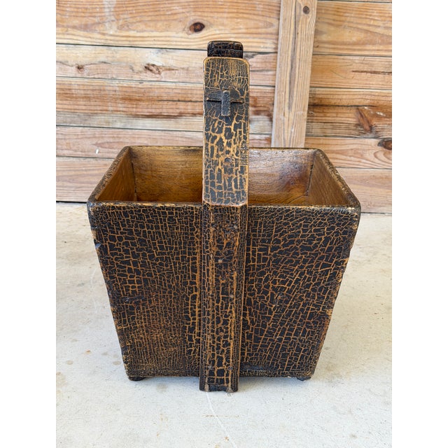 Wood Antique Wabi-Sabi Crackle Painted Grain Rice Bucket For Sale - Image 7 of 11