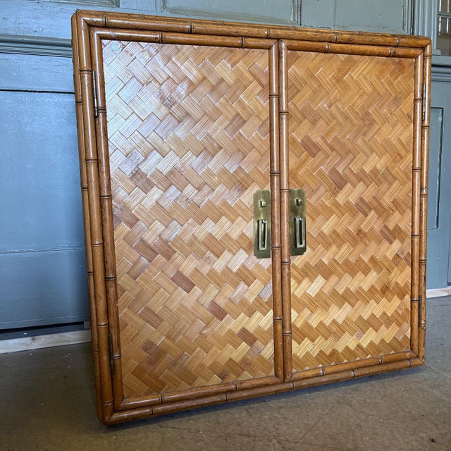 Vintage Bamboo and Rattan Double Door Cabinet with Brass Handles For Sale - Image 3 of 10