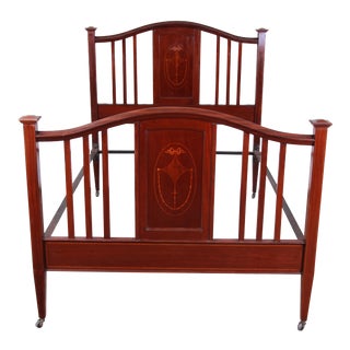 Antique English Arts & Crafts Style Inlaid Mahogany Queen or Full Size Bed Frame For Sale