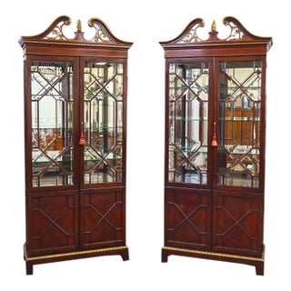 Pair of Karges Mahogany Chinese Chippendale Beveled Crystal Glass Cabinets For Sale