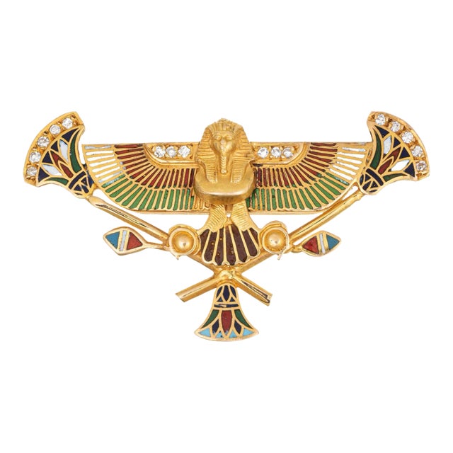 Egyptian Revival Pendant Brooch Pharaoh 18k Yellow Gold Diamond Enamel Art Deco For Sale
