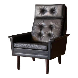 Vintage Scandinavian Rosewood and Black Leather High Back Lounge Chair