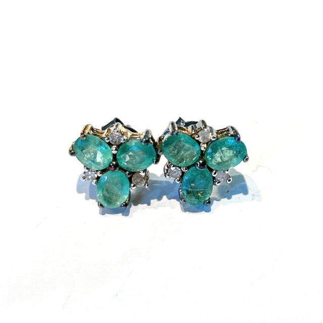 Art Deco Bochic “Orient” Vintage Emerald & Rose Cut Diamond Earrings Set 18K Gold & Silver For Sale - Image 3 of 11