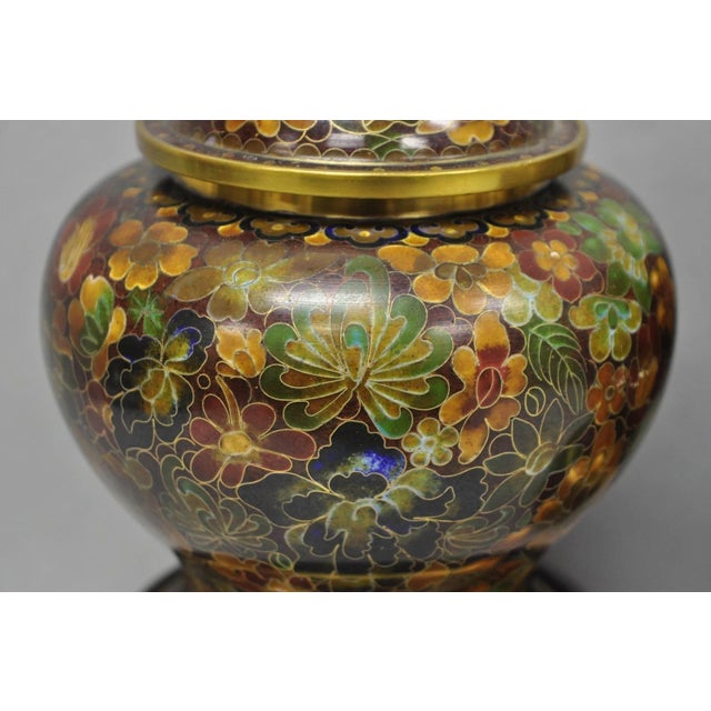 Chinoiserie Vintage Cloisonné Chinese Small Enameled Brown Covered Ginger Jar on Stand, Pair For Sale - Image 3 of 18
