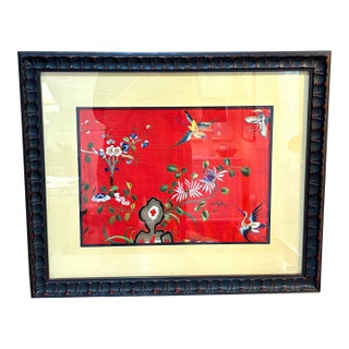 Early 20th-Century Red Hand-Embroidered Silk Panel in Black Wood Frame For Sale