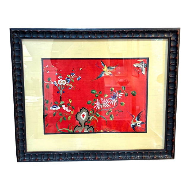 Early 20th-Century Red Hand-Embroidered Silk Panel in Black Wood Frame For Sale