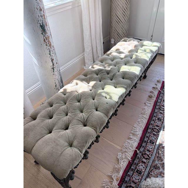 Vintage Hollywood Regency Tufted Velvet Bench With Ornate Metal Base For Sale - Image 10 of 12