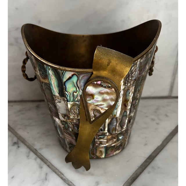 Brass Vintage Taxco Mexican Abalone & Brass Ice Bucket W Tongs For Sale - Image 8 of 13