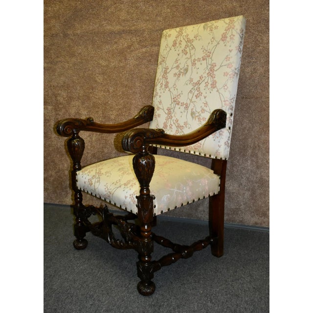 Carved Walnut Armchair French Style High Back Vintage Upholstered Floral Chair For Sale In Philadelphia - Image 6 of 13