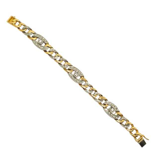 Late 20th Century Large 18k Yellow Gold & Platinum Curb Link Diamond Bracelet For Sale - Image 4 of 9
