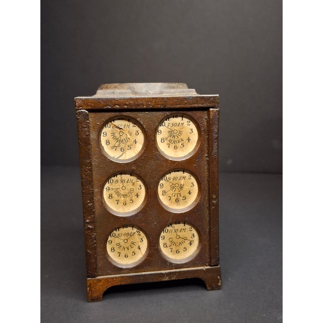 American Antique Arcade Cast Iron World Times Clock Still Bank Original Paper Insert C. 1910 For Sale - Image 3 of 15