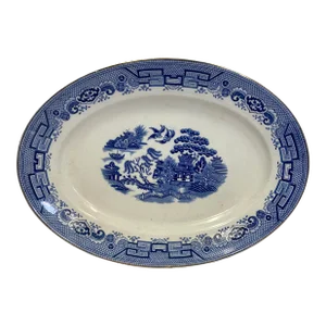 Antique Gibson & Sons Oval Blue Willow Serving Platter With Gold Rim From England - Circa 1919