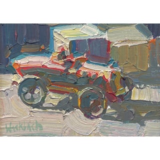 Roadster by Hazel Z Weckbach | Oil on Panel Oil painting of a vintage car in a colorful setting. For Sale