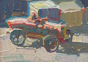Roadster by Hazel Z Weckbach | Oil on Panel Oil painting of a vintage car in a colorful setting.
