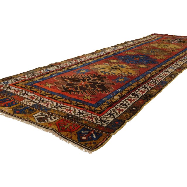 53882 Vintage Turkish Oushak Rug, 03'06 x 11'08. Step into a world where the echoes of ancient tribes whisper through time...