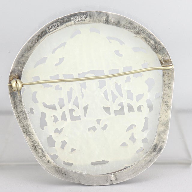 White Vintage Chinese Silver, Carved Jade, and Enamel Brooch For Sale - Image 8 of 16