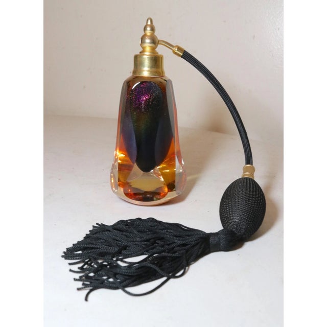 American 1990s Signed Hand Blown Studio Iridescent Art Glass Brass Perfume Bottle Atomizer Jar For Sale - Image 3 of 11