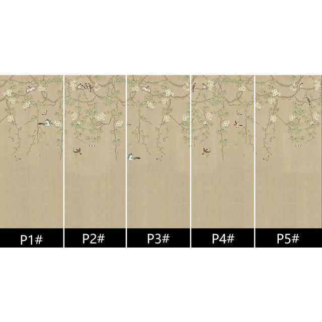 Chinese 36" * H100"/Panel * 5ps, Beige-Brown‌ Floral and Bird Wallpaper, Chinese-Style Floral and Bird Wallpaper Mural, 5 Panels For Sale - Image 3 of 7