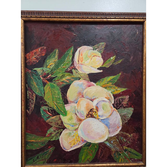 Framed Impressionist Floral Magnolia Still Life Oil Painting Wall Art, Burgundy For Sale In Chicago - Image 6 of 8