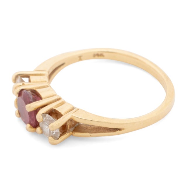 Pink 14k Yellow Gold Pink Tourmaline and Diamond Three-Stone Ring For Sale - Image 8 of 9