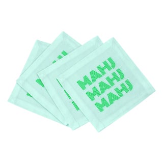 Mahj Mahj Mahj Green Mahjong Cotton Sateen Cocktail Napkins, Set of 4 For Sale