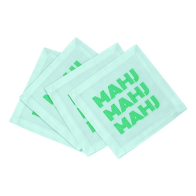 Mahj Mahj Mahj Green Mahjong Cotton Sateen Cocktail Napkins, Set of 4 For Sale