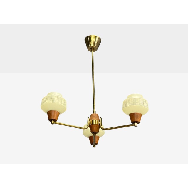 Swedish Modern, Pendant Light, Brass Teak, Textured Glass, Sweden, 1950s For Sale In New York - Image 6 of 9