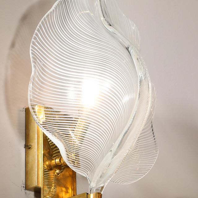 Metal Pair of Mid-Century Hand-Blown Murano Glass Striated Leaf Sconces by Franco Luce For Sale - Image 7 of 12