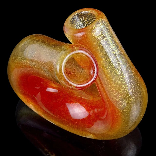 Glass Seguso Murano Vintage Red Orange Gold Flecks Italian Art Glass Double Mouth Tube Flower Vase For Sale - Image 7 of 13