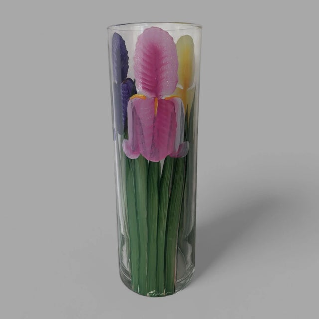 Vintage Original Hand Painted Botanical Iris Flower Glass Vase Signed For Sale - Image 17 of 17