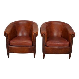 Vintage Dutch Cognac Leather Club Chairs, Set of 2 For Sale