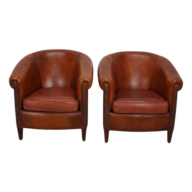 Vintage Dutch Cognac Leather Club Chairs, Set of 2 For Sale