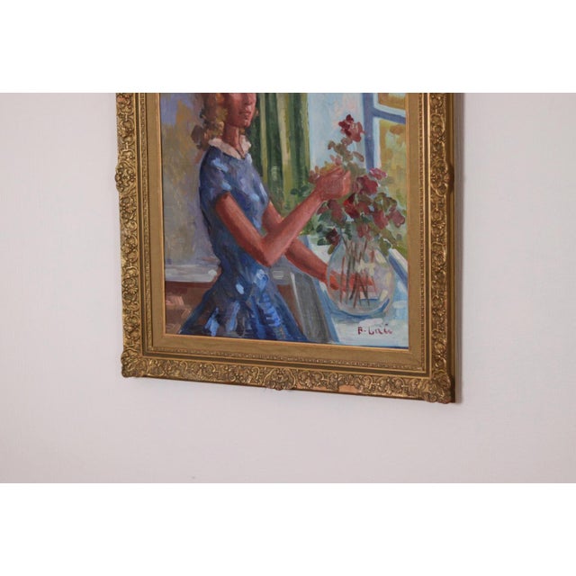 Mid-Century Modern Bendt Lauritzen, Woman with Flowers, 1960s, Oil on Canvas, Framed For Sale - Image 3 of 18
