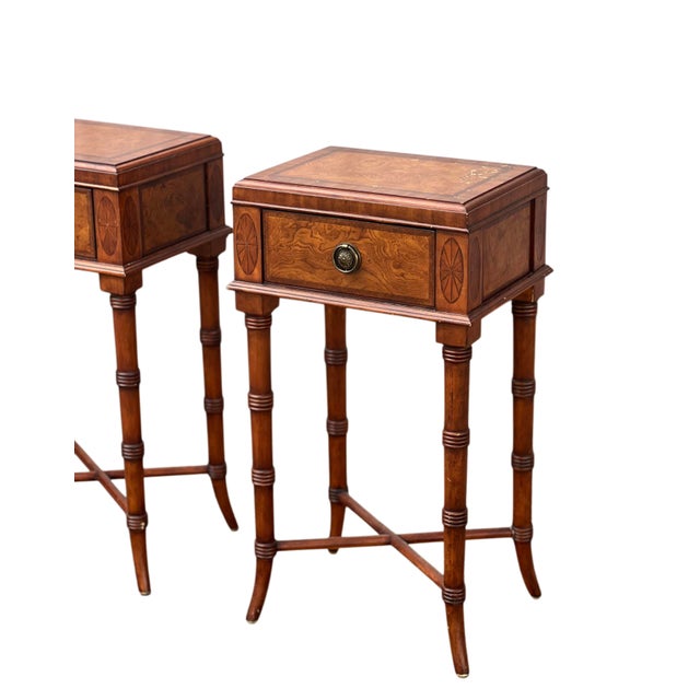 Brown Pair Ethan Allen Faux Bamboo Burl Sofa/Bedside Tables For Sale - Image 8 of 13