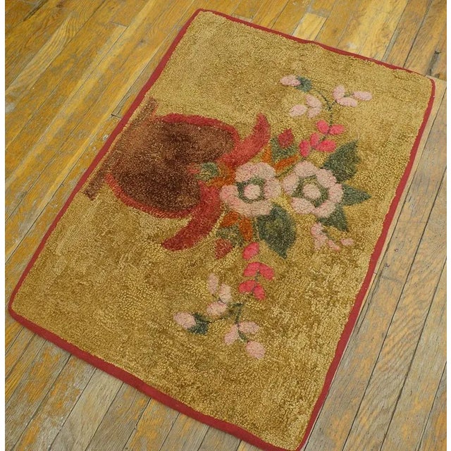 American Charming Floral With a Tan Camel Background Color American Hooked Rug For Sale - Image 3 of 9