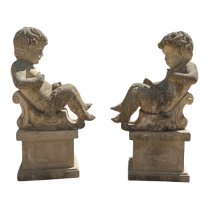 Pair of Carved Marble Putti Statues on Plinths in the Manner of 19th-Century Italian Garden Statuary