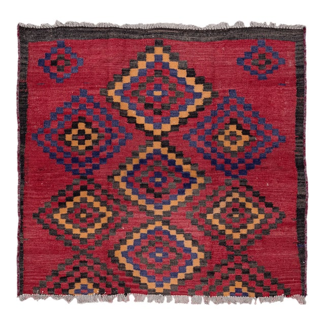 Vintage Kilim Handmade Flatweave Red Geometric Wool Runner 4' 3'' X 4' 7'' For Sale