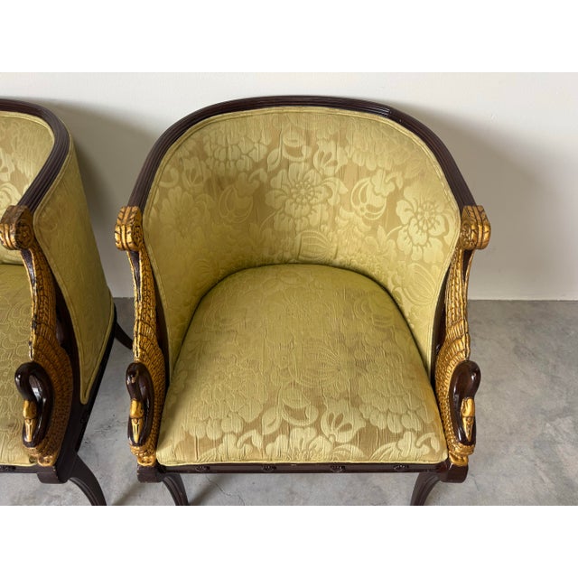 Vintage Neoclassical Style Carved Swan Barrel Back Upholstered Lounge Chairs – A Pair/ Sold For Sale - Image 9 of 12