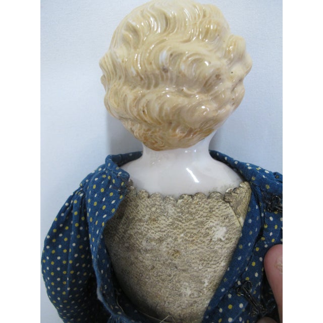 Antique German Colonial China Head Leather & Bisque Blonde Hair Blue Eye Doll For Sale - Image 9 of 12