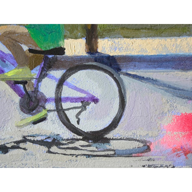 Early 21st Century Traces by Emma Kalff | Oil on panel Girl riding a purple bicycle on a sunny street. For Sale - Image 5 of 5