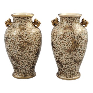Japanese Satsuma Thousand Butterflies Vases by Kinzan, Set of 2 For Sale