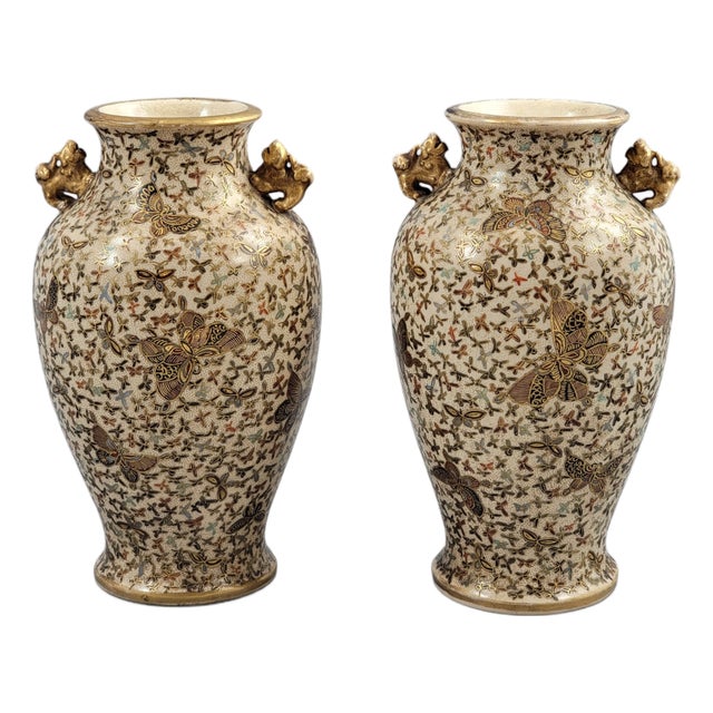 Japanese Satsuma Thousand Butterflies Vases by Kinzan, Set of 2 For Sale